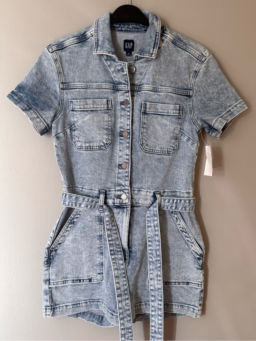 GAP Light Blue Denim Short-Sleeve Romper with Tie Belt